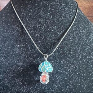 Boho Clay baked and glass mushroom necklace.